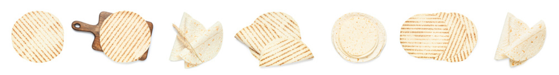 Set of tasty lavash on white background
