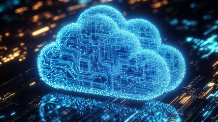 Cloud computing technology connecting digital circuits floating over motherboard