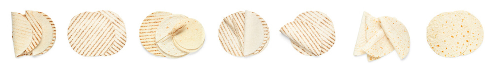 Set of tasty lavash on white background, top view
