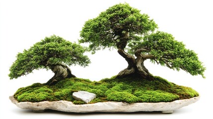 A serene bonsai arrangement on a moss-covered base, showcasing nature's beauty.