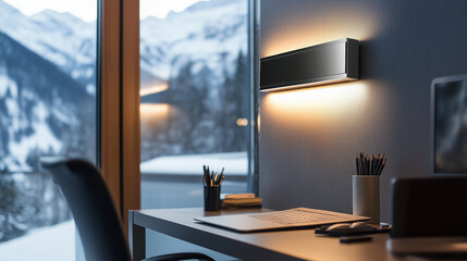 Fototapeta premium A stylish home office with a sleek wall-mounted heater, creating a cozy and productive atmosphere during colder months.