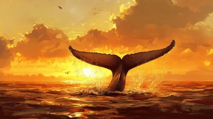 Fototapeta premium A whale's tail emerges from the ocean at sunset, creating a serene and captivating scene.