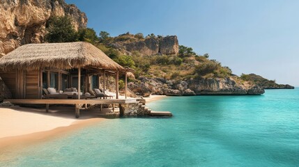 A serene beachside hut with turquoise waters and rocky cliffs, ideal for relaxation.