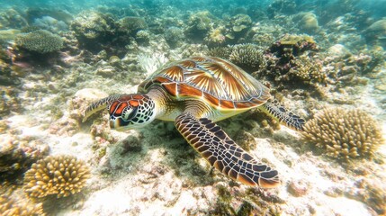 Graceful Sea Turtle in Coral Reef with Soft Lighting