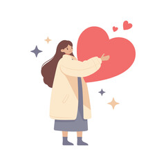 Flat vector cartoon illustration of a woman hugging a big red heart with care and love. Smiling girl in love, love myself. Happy Valentine's Day. Share your heart.