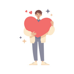 Flat vector cartoon illustration of a young man hugging a big red heart with care and love. Smiling guy in love, love myself. Happy Valentine's Day. Share your heart.
