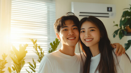 Obraz premium A happy Asian couple leaning playfully on their new air conditioner, surrounded by vibrant houseplants and sunlight-filled windows.