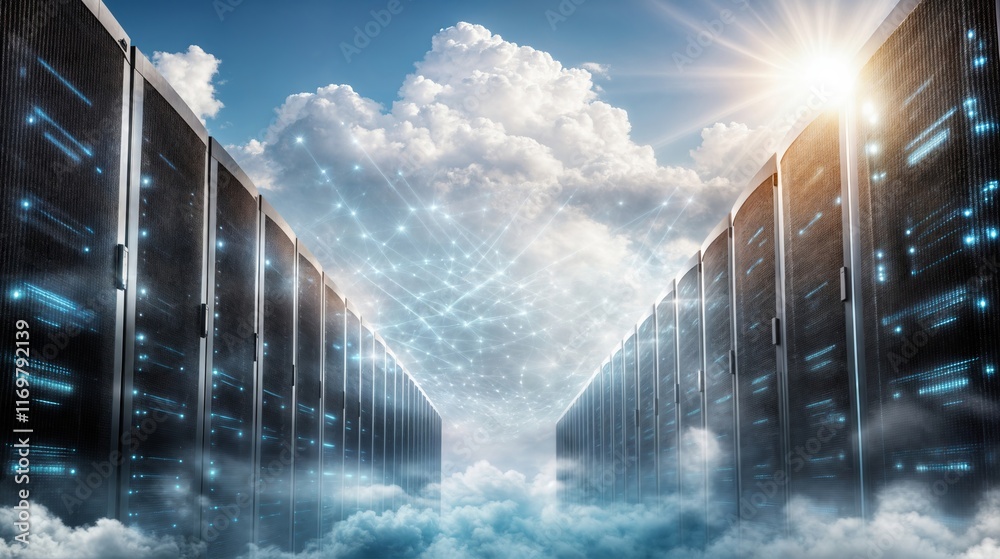 Poster server racks and cloud computing technology connecting with data transfer in the sky