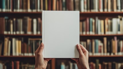 Hands hold a book with a blank white cover in a library setting, ideal for showcasing a mockup of book cover designs.