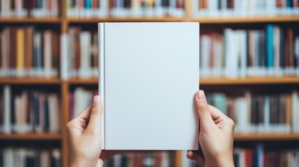 Hands hold a book with a blank white cover in a library setting, ideal for showcasing a mockup of book cover designs.