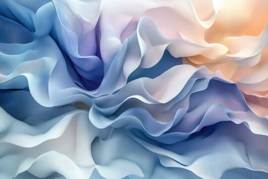 Abstract image of flowing pastel blue and peach fabric creating soft, wavy patterns.