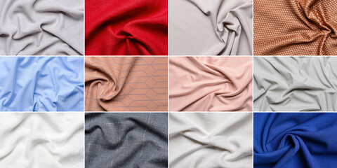 Collage of different fabric textures, closeup view