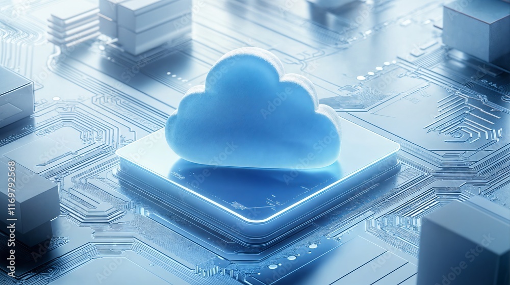 Poster cloud computing symbol standing on circuit board representing data storage and processing