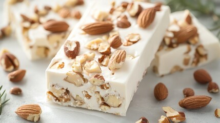 Fototapeta premium Homemade sweet white nougat bars adorned with a mix of nuts, presenting a delicious and artisanal treat.