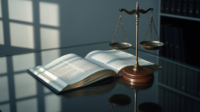A symbolic display of justice with the scales, a wooden gavel, and a stack of open law books atop a spotless glass table reflecting the objects beautifully.