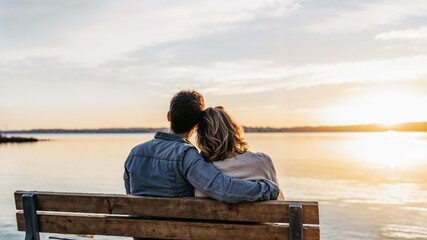Fototapeta premium Couple embracing on a bench against a lakeside sunset backdrop