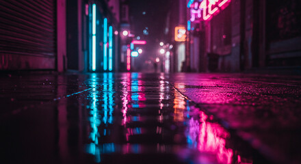 Neon City Night Wet Street Reflections Vibrant Lights