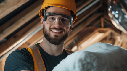 A professional builder wearing safety gear and holding mineral wool in his hands, smiling at the camera in a well-lit attic during an insulation project.