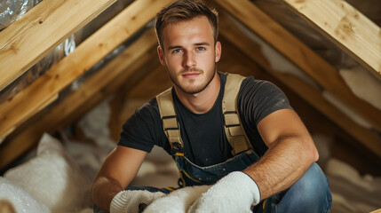A professional builder kneeling on the attic floor with mineral wool in hand, making eye contact with the camera, surrounded by neatly installed insulation.