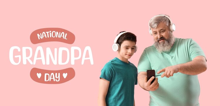 Banner for National Grandpa Day with grandfather and his grandson listening to music - Powered by Adobe