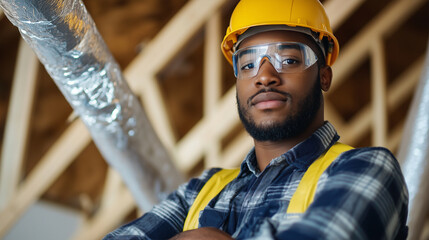 A professional in the midst of insulating an attic with mineral wool, looking at the camera while standing against a backdrop of clean, insulated beams.