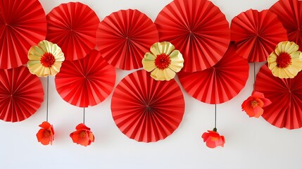 Printed Chinese New Year banner with red paper fans and gold flowers