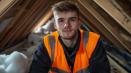 A professional in a high-visibility vest placing mineral wool between roof beams, giving the camera a reassuring look in a clean and organized attic space.