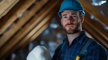 A confident insulation expert standing with a piece of mineral wool in hand, looking at the camera with an insulated attic roof as a backdrop.