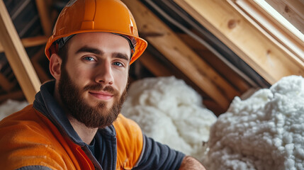 A professional builder working in an attic with mineral wool insulation, pausing to look at the camera amidst an organized workspace.