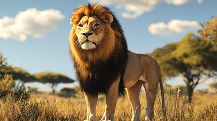 A majestic lion standing proudly in the African savannah, its mane flowing and eyes glowing with...