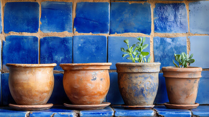 Fototapeta premium Handmade Clay Pots Against Cobalt Blue Tiles - Artistic Home Decor