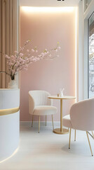 A cozy interior featuring a pink wall, elegant furniture, and decorative flowers. Work from home product