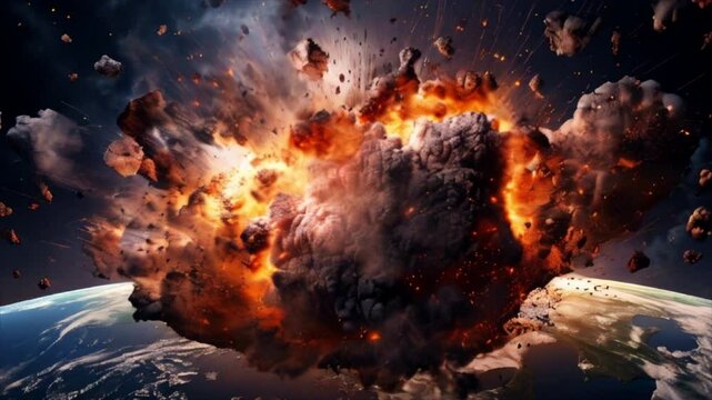 Nuclear explosion on the surface of planet Earth, view from space. Atomic bomb blast. Apocalypse or world war