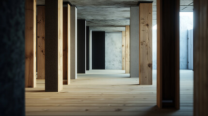 Fototapeta premium An under-construction room with mineral wool insulation installed within the wooden wall cavities, illustrating thermal protection and soundproofing.