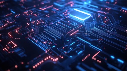 Close-up of a glowing circuit board with intricate pathways and components.