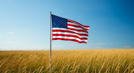 American Flag Waving in Golden Wheat Field Summer Day