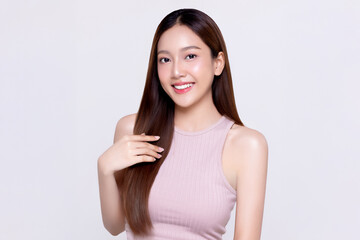 Beautiful long smooth hair Asian woman with happy clean skin face isolated on white background.