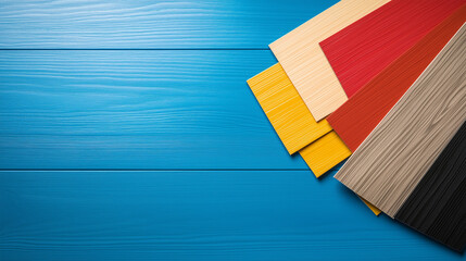 Colorful vinyl siding samples laid out on a vibrant blue table, highlighting versatility in home exteriors.