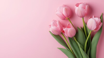 Fototapeta premium Vibrant pink tulips with lush green leaves create a serene atmosphere against a delicate pink backdrop, perfect for spring celebrations