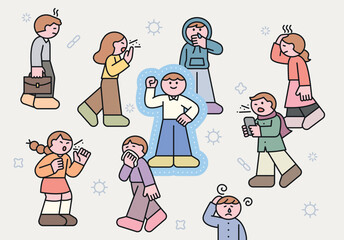 People with the flu are walking around the streets. Among the crowd, a person with a strong immune system is striking a powerful pose. Cuttiny character with outline.