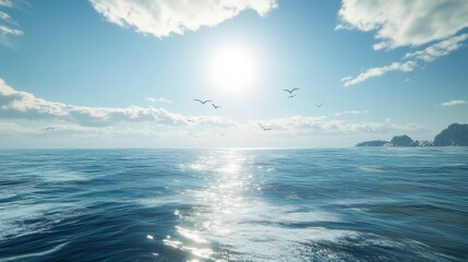 Obraz premium Soaring Birds Over Open Ocean with Bright Sunlight