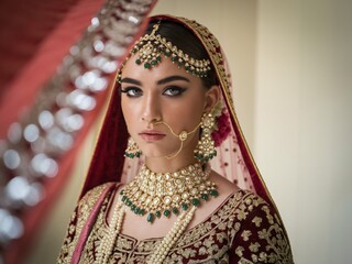 young woman in traditional South Asian bridal attire. She is wearing a richly decorated red and gold sari and an elaborate gold and emerald jewelry set