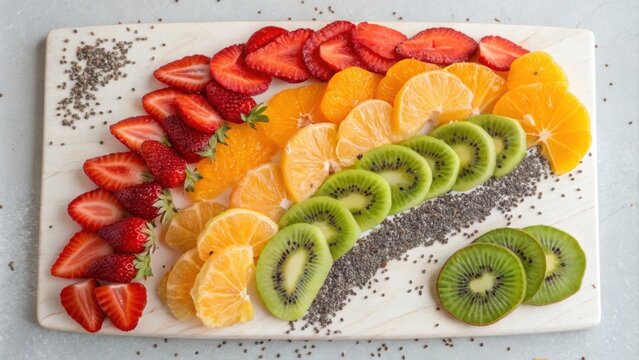 A topdown view of a ting board showcasing a colorful rainbow of sliced fruits including kiwi strawberries and oranges arranged in a playful pattern with a sprinkle of chia