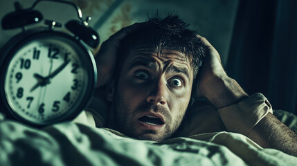A man lying in bed with an alarm clock, his face expressing a look of fear