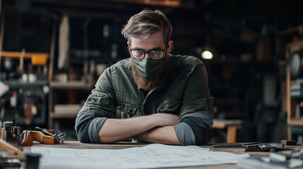 A craftsman lifting his protective face mask, leaning on a workbench filled with industrial blueprints and tools.