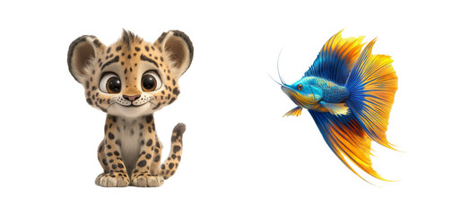 Cute Cartoon Leopard and Colorful Fish Illustration