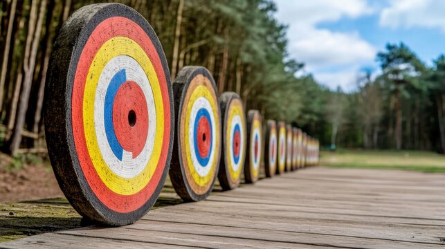 Brightly colored archery targets line a wooden path through a tranquil forest, showcasing a perfect setting for archery practice