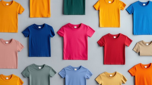 Display of colorful t-shirts concept, A vibrant layout of colorful t-shirts arranged in a grid pattern against a neutral backdrop, showcasing various shades and styles. - Powered by Adobe