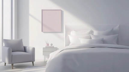 A minimalistic and modern bedroom with white walls, featuring a large bed covered in pristine white sheets