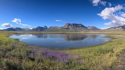 Stokksnes, Iceland landscape with beautiful nature scenery of vestron mountain range in summer with colorful blue sky and reflecting water lake surrounded. Beautiful natural landscape panorama 